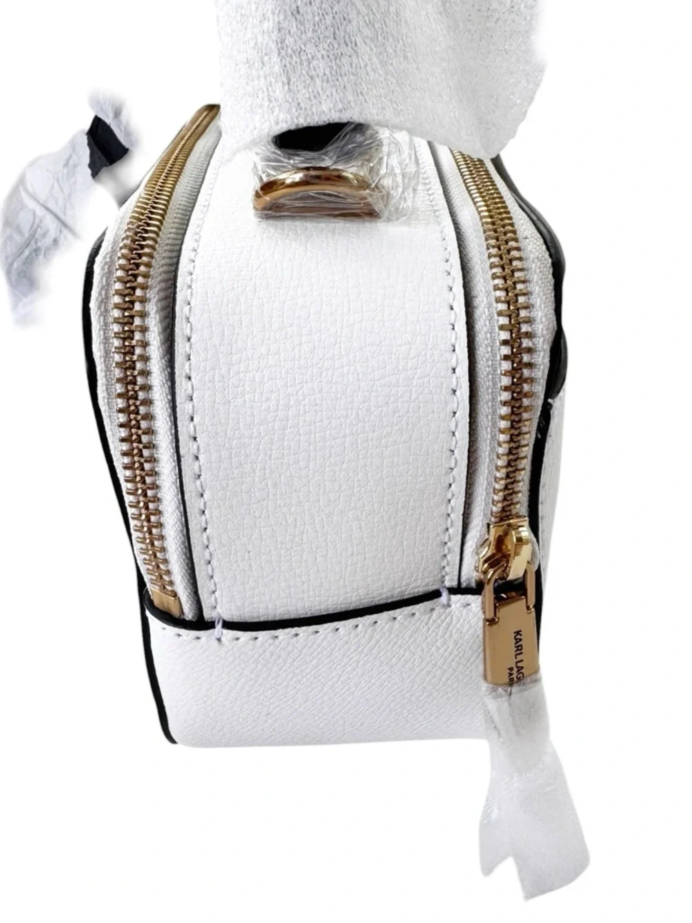 NWT Karl Lagerfeld Paris SIMONE CAMERA Crossbody Bag Logo Strap White with Gold
